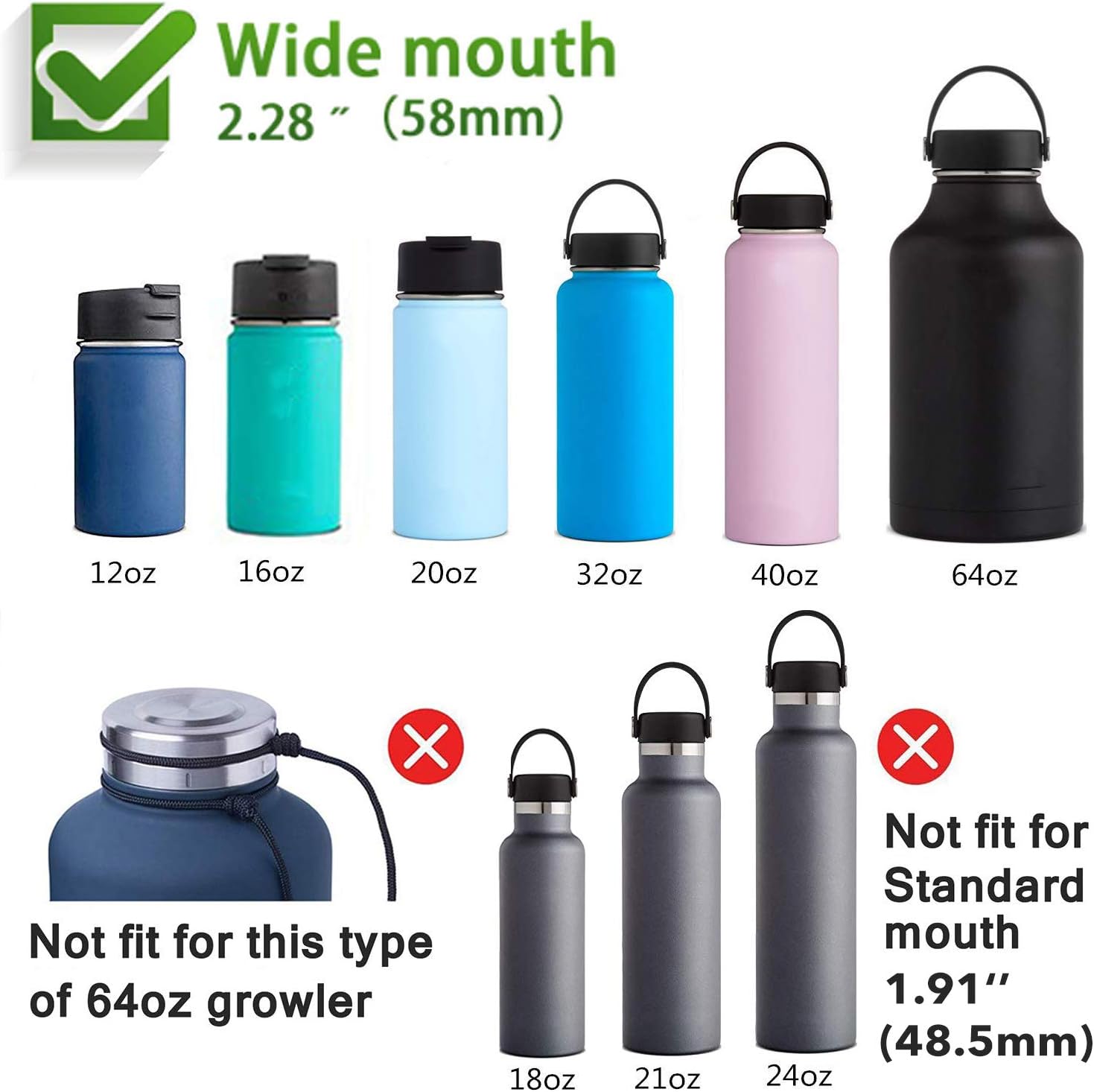 Top Souls Wide Mouth Straw Lids Compatible with Most Sports Water Bottles, 2 Lids 2 Long Straws 2 Brushes in 1 Value Pack (Stone & Black) : Sports & Outdoors