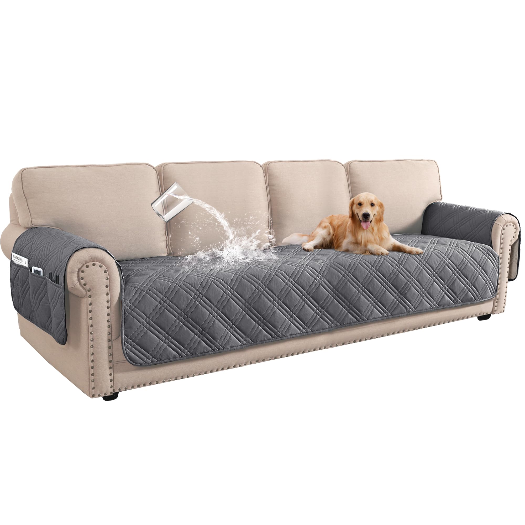 BellaHills 100% Waterproof Sofa Cover 4 Seater Couch Cover for Living Room Washable Sofa Seat Covers with Side Pocket Pet Couch Cover Furniture Protector from Cats (4 Seater, Grey)