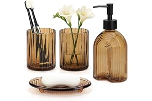 Topsky 4 Pcs Glass Bathroom Accessories Set,11oz Liquid Arch Design Hand Soap Dispenser with Stripe Toothbrush Holder,Mouthwa