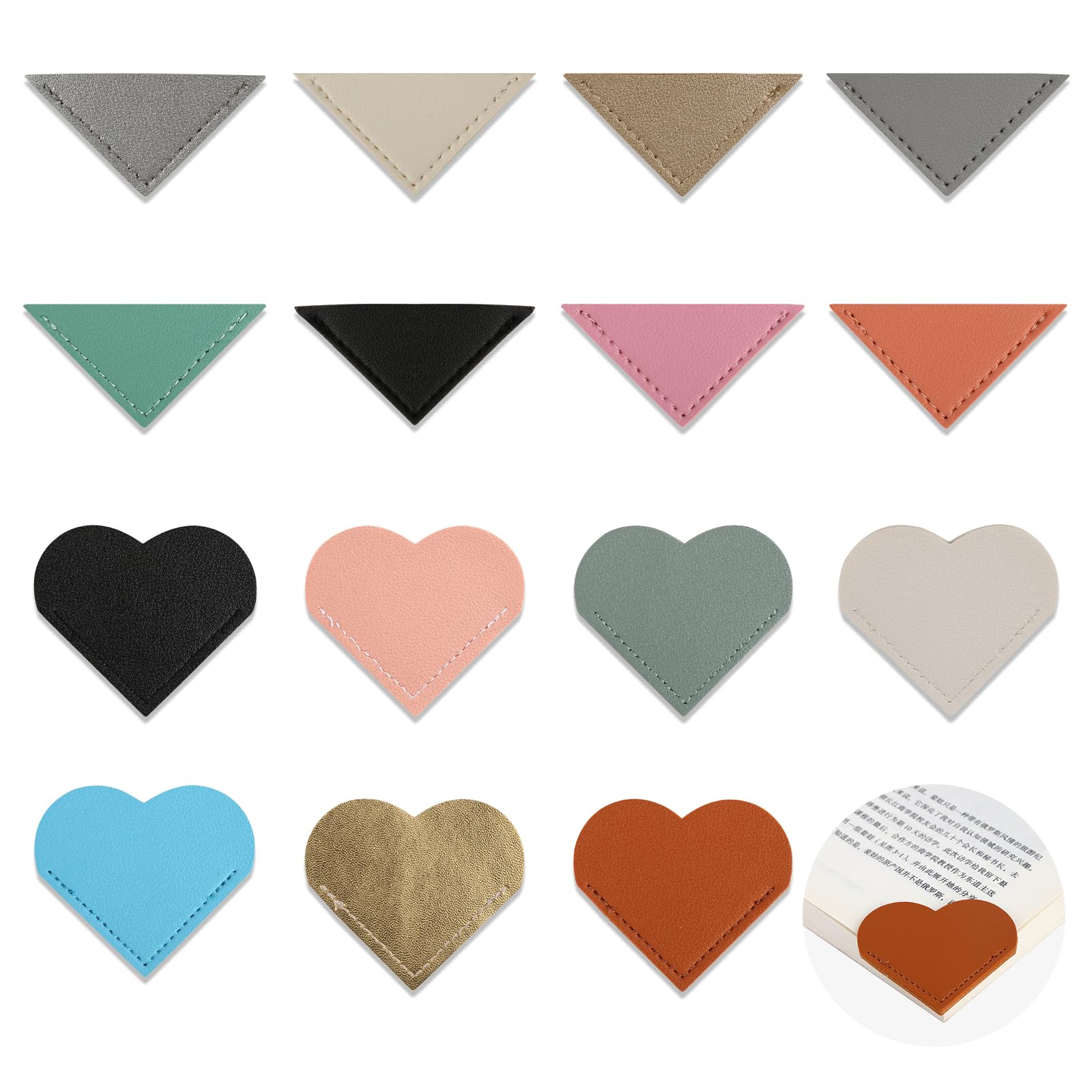 15 Pcs Leather Heart Triangle Bookmark, Portable Corner Page Bookmarks, Colourful Book Mark for Women, Cute Book Accessories for Reading Lovers Students Office
