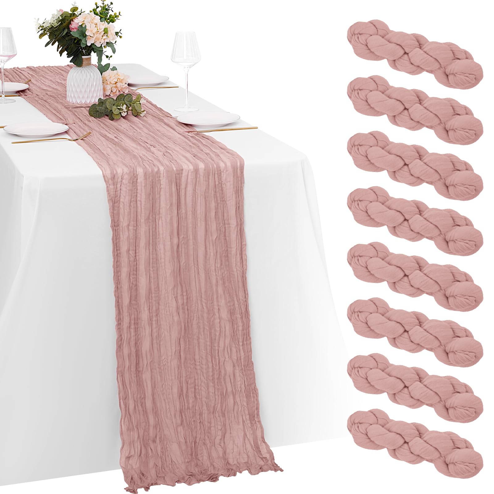 Photo 1 of 8 Pack Dusty Pink Cheesecloth Table Runners 20x120 Inch Gauze Table Runner Cheese Cloth 10FT Pink Table Runner Rustic Sheer Runner for Wedding Birthday Party Baby Shower Table Decor