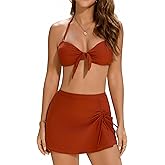 Shuangyu Women's Bikini Set with Skirt High Waisted Tummy Control Swimwear Halter Top Tie Knot Two Piece Swimsuit