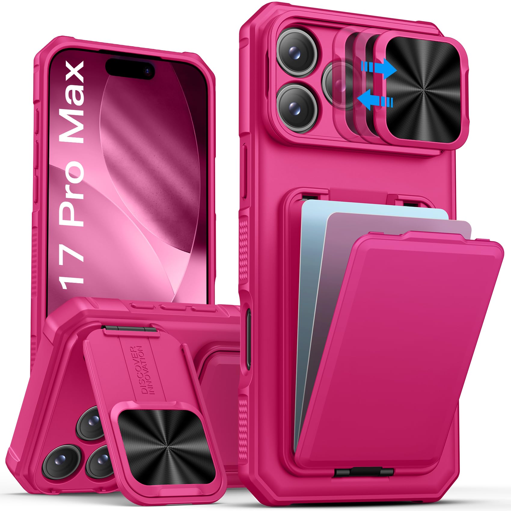 Photo 1 of SSLOTSCASE for iPhone 17 Pro Max Case Wallet with Card Holder & Camera Cover Stand & Kickstand & Slide Camera Lens Cover, Rugged Multifunctional Phone Case Cover for iPhone 17 Pro Max 6.9'' 2025, Pink