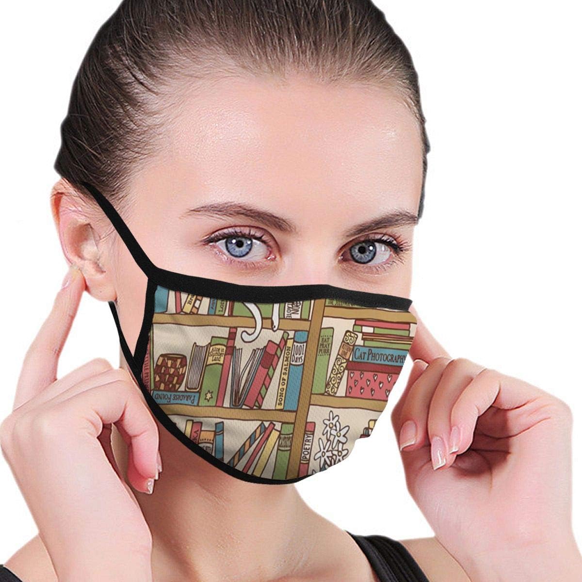 Fashion Face Masks Earloop Hypoallergenic Half Face Mouth Mask for Pollen Smog Cleaning Women Men Kids - HealthyNerd Book Lover Sleeping Over Bookshelf in Library