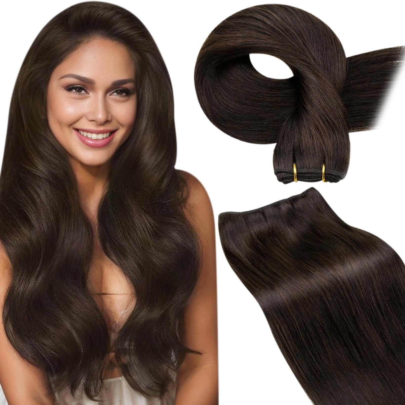 LaaVoo Weft Hair Extensions Real Human Hair Brown Sew in Hair Extensions 100g 22 Inch Full Head Straight Remy Darkest Brown Invisible Double Weft Weave #2 — image 1