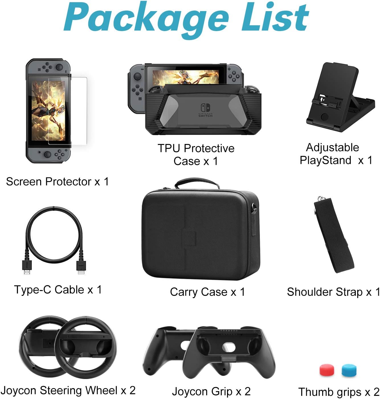 HEYSTOP Case & Accessories Kit for Nintendo Switch, 12 in 1 Switch Carry Case, PlayStand, Joycon Steering Wheel, Joycon Grip, Screen Protector, Protective Case Cover, Thumb Grips, Charger Cable: Electronics