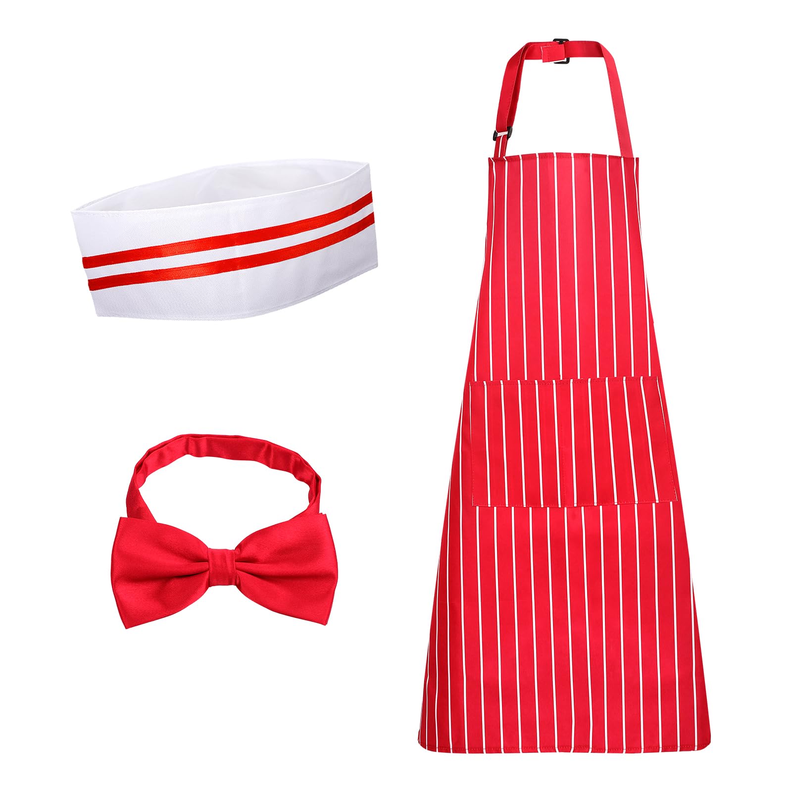 Mikovivi Chef Costume, Red White Striped Apron with 2 Pockets Chef Hat Bow Tie Carnival Soda Jerk Costume 1950s Waiter Costume Kit for Adult Cosplay Party Supplies