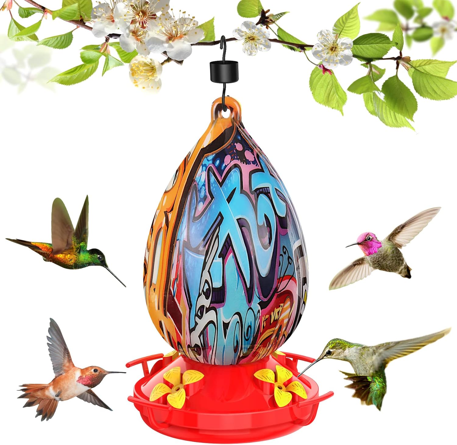 Backyard Birding & Wildlife - Wosnows Hummingbird Feeder for Outdoors, 26 Ounces Colorful Graffiti Plastic Leakproof Hummingbird Feeders Easy Clean and Fill for Outside Garden Patio Hanging