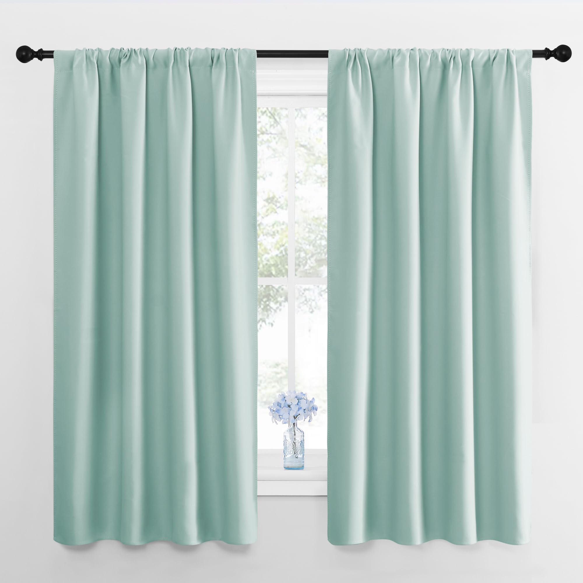 Photo 1 of NICETOWN Window Curtains for Bedroom, Aqua Blue, 2 Panels, W42 x L48 -Inch, Home Decoration Thermal Insulated Rod Pocket Blackout Blinds & Drapes for Small Windows