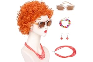 Askuang Short Curly Orange Red Cosplay Wig with Sunglasses Jewelry Set for Women Costume Halloween Party