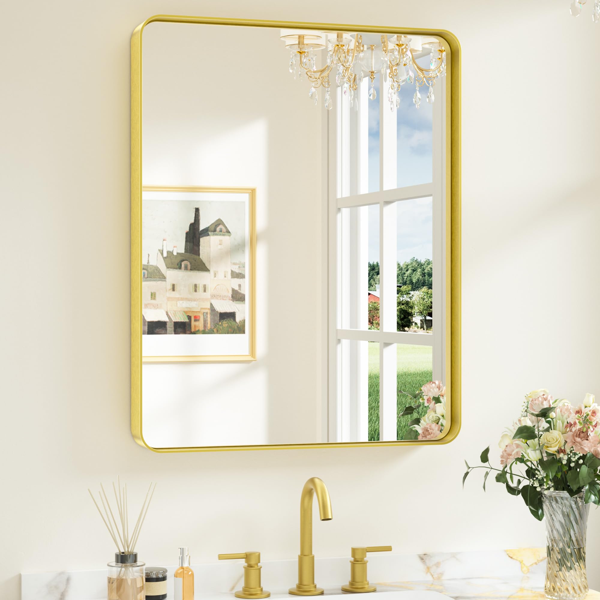 Keonjinn Gold Bathroom Mirrors for Over Sink, 24” x 30” Rounded Rectangle Brushed Gold Vanity Mirror, Anti-Rust Brass Mirror with HD Tempered Glass, Decorative Farmhouse Mirrors, Horizontal/Vertical Image
