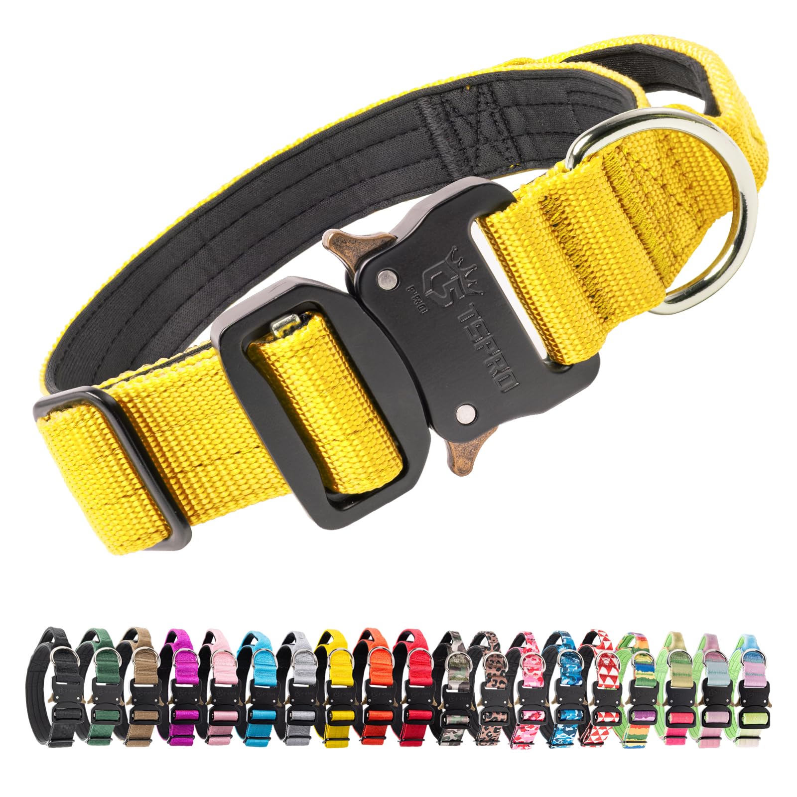 TSPRO Tactical Premium Dog Collar with Handle & Heavy Duty Quick Release Metal Buckle, Adjustable Thick Strong Collar for Medium Large Dogs (Yellow, M)