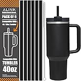 [DISHWASHER SAFE] 6 Pack Reusable Black Straws for Stanley 40 oz 30 oz Cup Tumbler, 12 inch Long Hard Plastic Straws with Brush for Stanley, Owala, Yeti Tumbler, BPA FREE