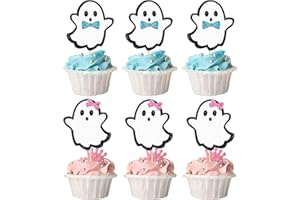 MOITKPTT 24 Pcs Halloween Ghost Cupcake Toppers, Boy and Girl Gender Reveal Cupcake Picks, Pink Blue Halloween Cake Topper Halloween Baby Shower Party Decorations for Halloween Birthday Party Decor (B/G-0)