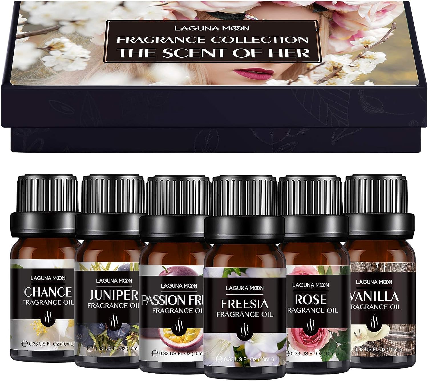 The Scent of Her Premium Fragrance Oil Set of 6 (10ml)，Gift Set of Scented Oils for Soap Making, Candle Making, Bath Bomb,, Diffusers, Home- Chance, Rose, Freesia, Juniper, Vanilla, Passion Fruit