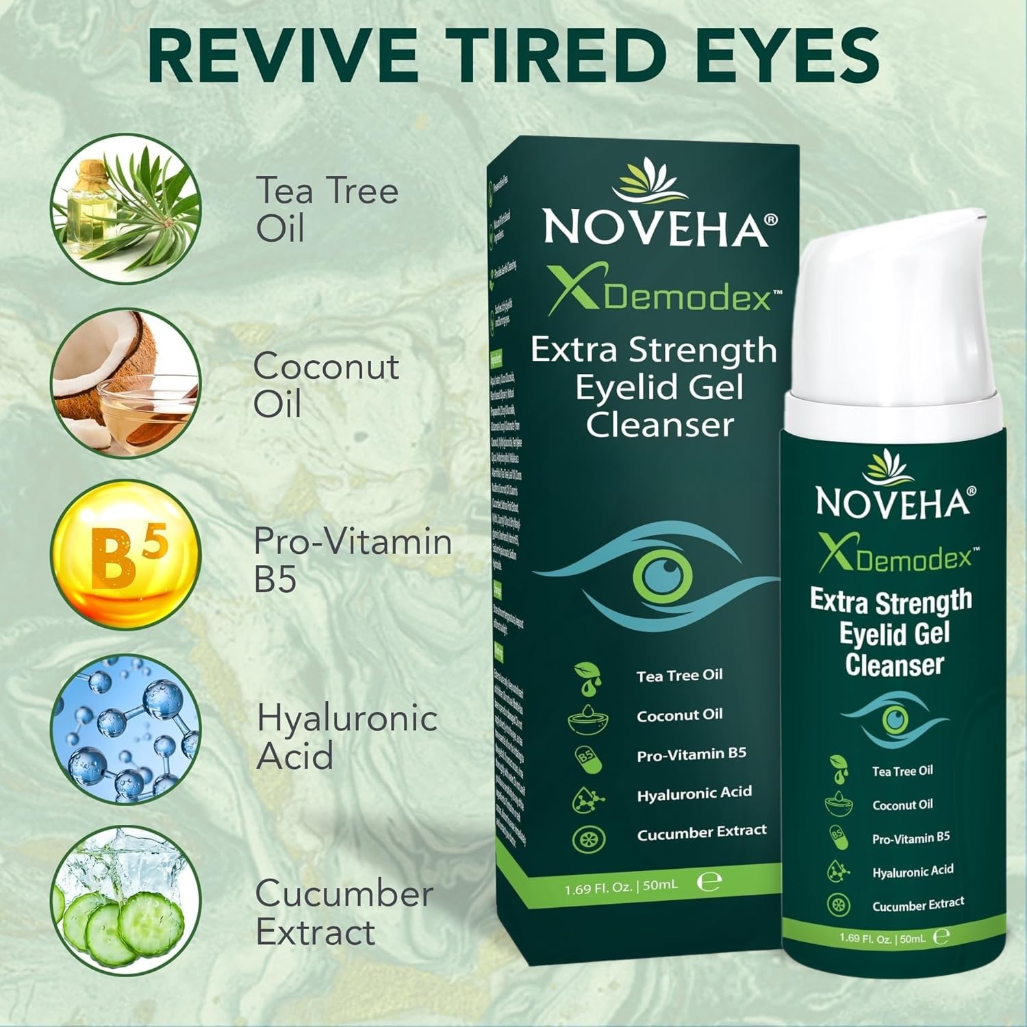 NOVEHA Demodex Extra Strength Eyelid Gel Cleanser - for Demodex, MGD and Dry Eye with Pro-Vitamin B5, Tea Tree Oil, and Hyaluronic Acid - Gentle Cleansing, Soothes Itchy Eyelid - 50mL (1 Pack)