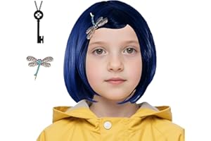 abouder Blue Short Bob Wigs for Kids Wig with Dragonfly Hairpin Halloween Caroline Merchandise Accessories