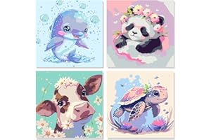 FLAJZ 4 Pack Paint by Numbers Kit for Kids, Animals Paint by Number Kits for Kids Ages 4-8, DIY Animal Oil Painting Suitable for Home Decoration (8x8inch)