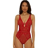 BECCA Women's Standard Color Play One Piece Swimsuit, Plunge Neck, Crochet, Bathing Suits