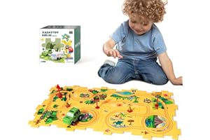XAZASTOV Dinosaur Puzzle Racer Kids Car Track Set, Plastic Puzzles for Kids Ages 3-5 with Vehicles, Railcar Puzzle, Car Tracks for Toddlers, Toys Gifts for 2 3 4 5 6 Year Old Boys, Montessori Toys