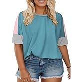 DOLNINE Plus-Size-Tops for Women Summer Color Block Shirts Casual Crewneck Tees Trendy Going Out Side Split Tunics XL-5XL