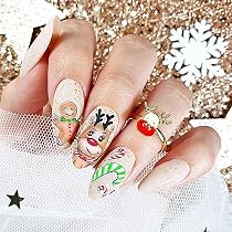 Amazon.com: 24Pcs Christmas Nude Press On Nails Medium Almond Fake ...