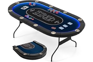 Goplus 84" Foldable Poker Table with LED Lights, 10 Players Card Board Game Table w/Casino Grade Felt, Steel Cup Holder, Padded Rails, for Texas Hold'em, Blackjack, No Assembly Required (Blue)