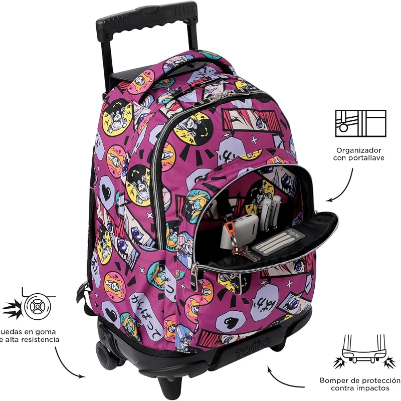 - Mochila Escolar con Ruedas, Modelo Renglones, Capacidad 26,21 Litros, Bolsillo para PC 14", Bolsillo Botella, Correas en S para Mayor Comodidad, Resistente, Estampado Kitsune