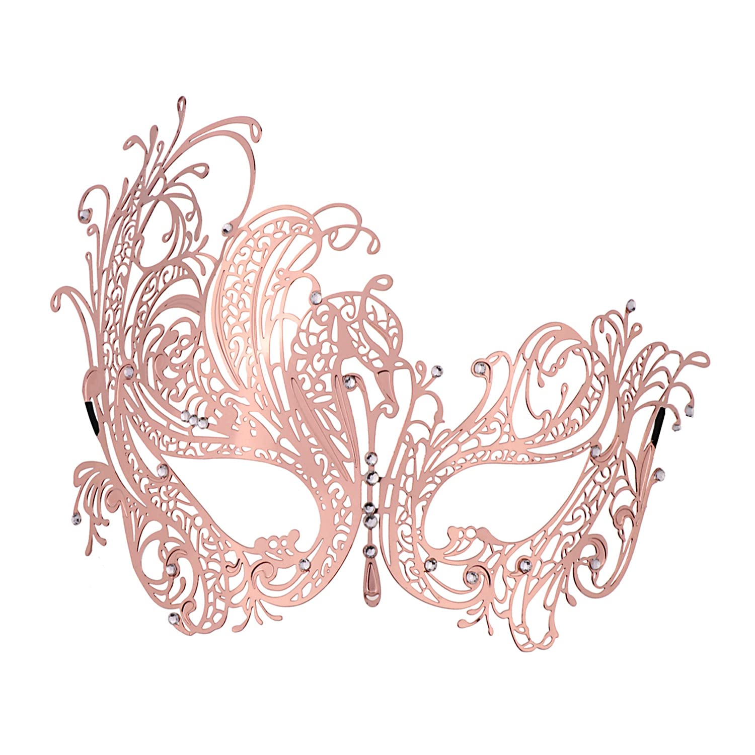 Thmyo Glossy Filigree Metal Mask Venetian Swan Masquerade Mask with Rhinestones (Rose Gold)
