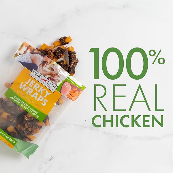 PUR LUV CHICKEN WRAPPED SWEET POTATO DOG TREATS, RAWHIDE FREE JERKY WRAPS, MADE WITH REAL CHICKEN, 16 OZ, HEALTHY, EASILY DIGESTIBLE, LONG LASTING, HIGH PROTEIN TREAT, SATISFIES DOG’S URGE TO CHEW