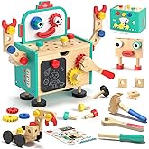 Lehoo Castle Wooden Robot Kids Tool Set - Montessori Construction Toys for 2+ Years Old, Toddler Tool Box Bench with Blackboa