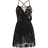 IBAKOM Lyrical Dance Dress Women Glitter Flower Sequin Contemporary Dance Outfits Open Back Chiffon Skirt Ballerina Dress