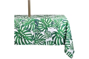 ColorBird Spring & Summer Palm Leaf Outdoor Tablecloth Waterproof Spillproof Polyester Table Cover with Zipper Umbrella Hole for Patio Garden Tabletop Decor, 60 x 84 Inch, Zippered