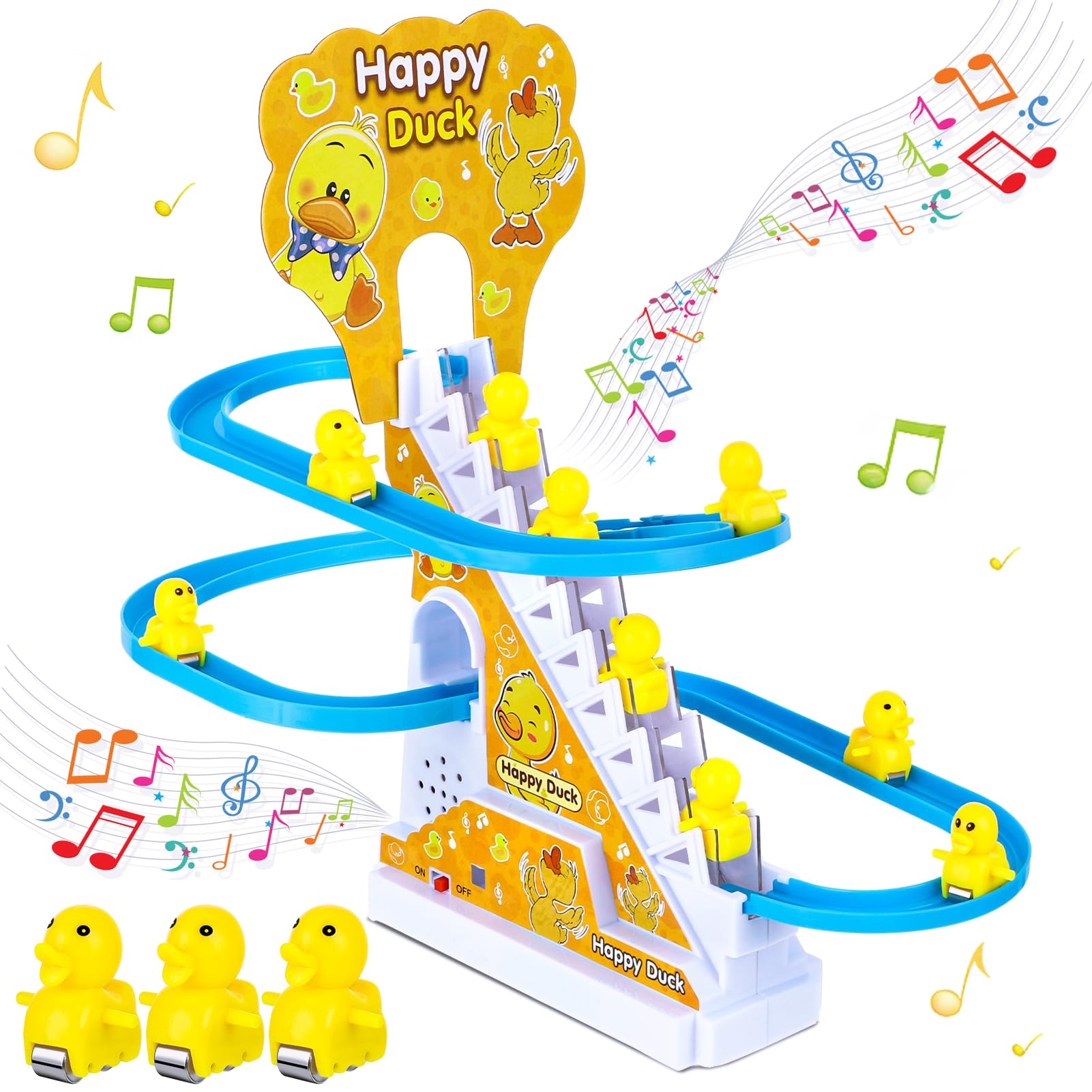 Zuimei 9Pcs Electric Duck Climbing Stairs Racer Track With LED Flashing Lights and Music, Slide Rollercoaster Set for Kids Boys Girls, Yellow