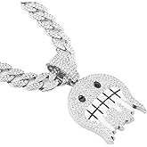XIUMALU Ghost Face Design Pendant Necklace, Gold Cuban Chain, Crystal Rhinestone Hip Hop Jewelry