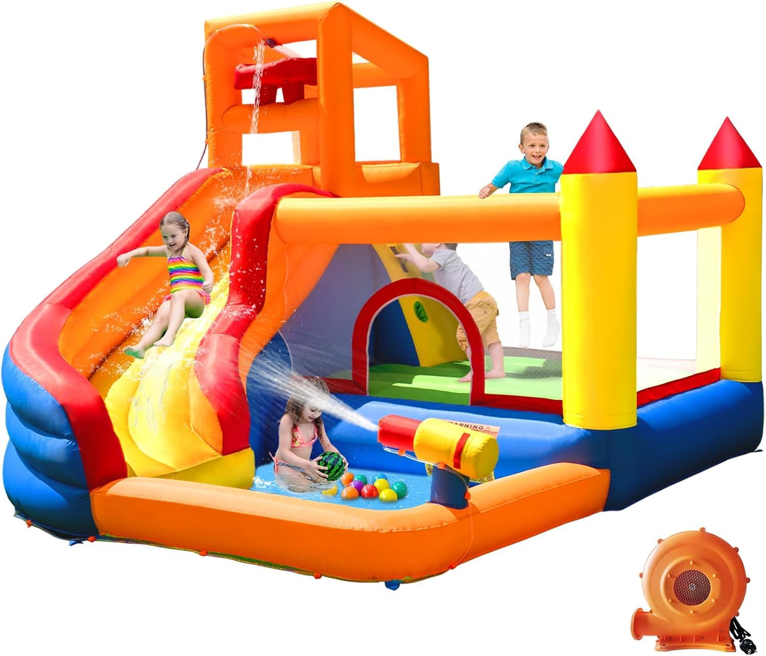 Ballsea Bouncy Castle, Inflatable Trampoline Bounce House with Long Slide, Climbing Wall, Ball Pit, Cannon, Bucket Dump for Kids Indoor Outdoor