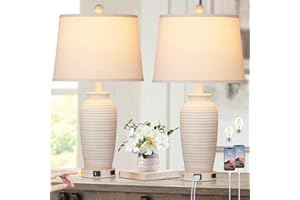CINSARY 25" Farmhouse Jar Table Lamps Set of 2, 3 Way Touch Control Rustic Bedside Lamps with USB A+C Ports & AC Outlet, Pot 