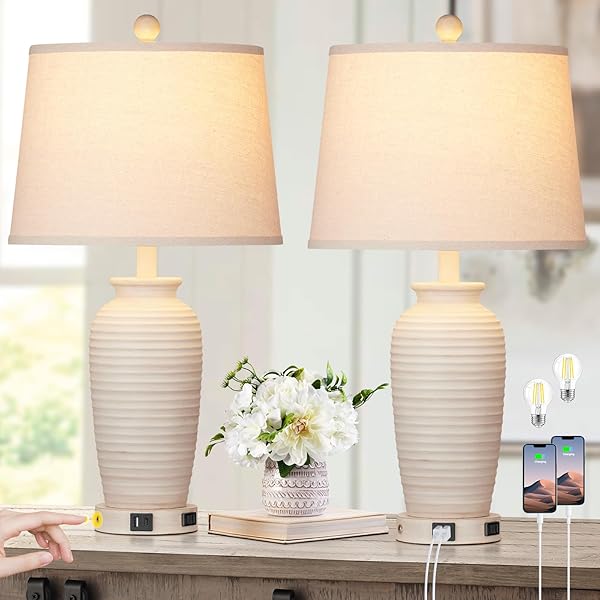 CINSARY 24.3″ FARMHOUSE JAR TABLE LAMPS SET OF 2, 3 WAY TOUCH CONTROL RUSTIC BEDSIDE LAMPS WITH USB A+C PORTS & AC OUTLET, POT NIGHTSTAND LAMPS FOR BEDROOM LIVING ROOM (LED BULBS INCLUDED)