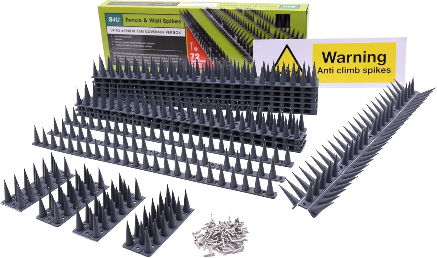 S4U Fence Wall Spikes Garden Tall Bird Spikes Cat Pigeon Deterrent Coverage of Approx.16M Per Box Anti Climb 44 x 4.3 x 3.8cm Warning Sign Included & Screws (Grey 24pcs)