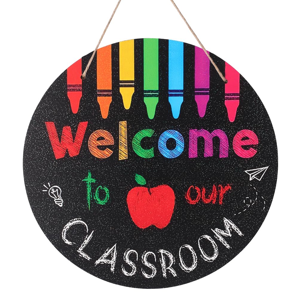 CREATCABIN Wood Welcome Door Decorations Welcome to Our Classroom Signs Colorful Welcome Sign for Front Door Farmhouse Round Black Classroom Hanging Decor Back to School Gift for Teacher 11.5x11.5Inch