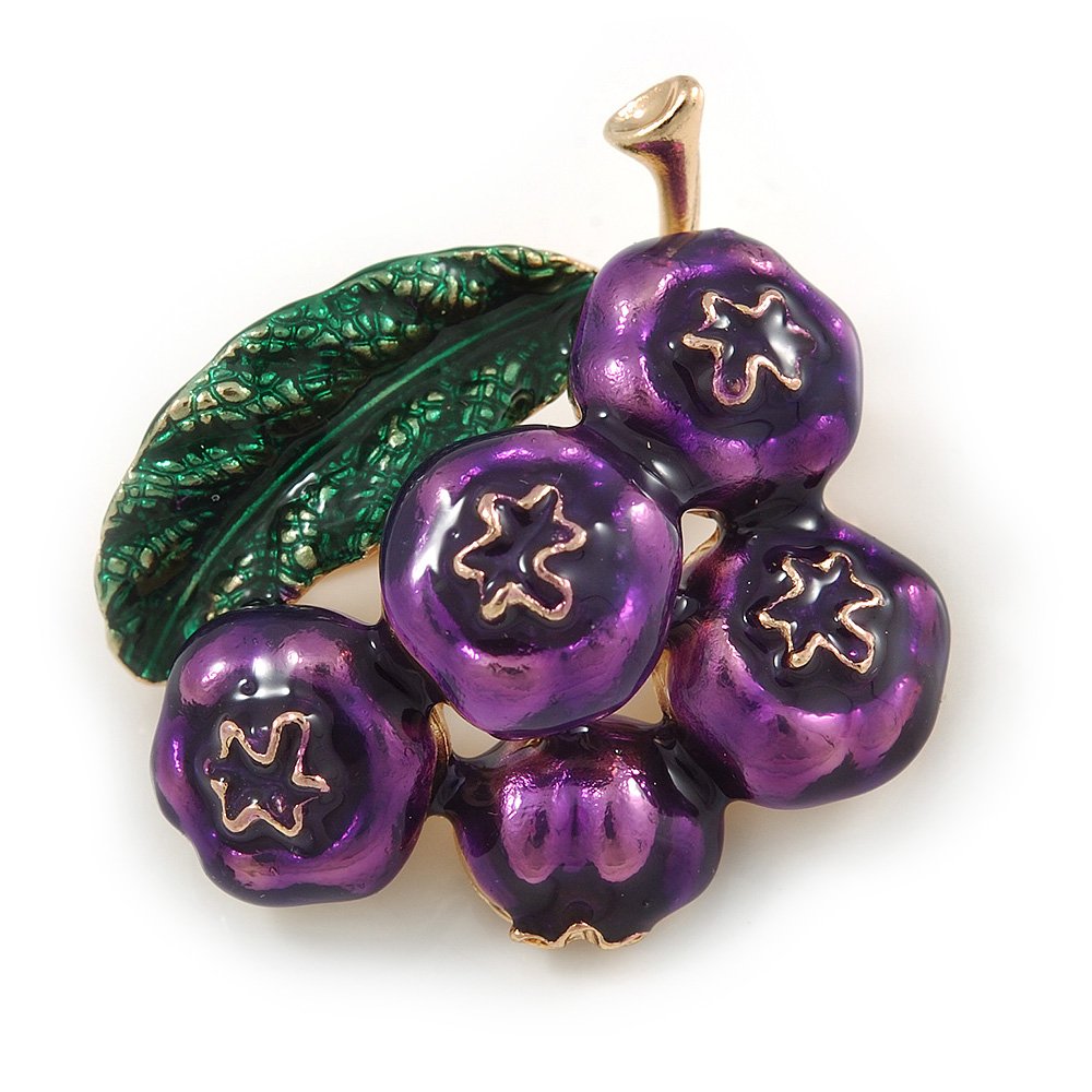 Funky Green/Purple Enamel Blueberry Brooch In Gold Tone Metal - 40mm Across