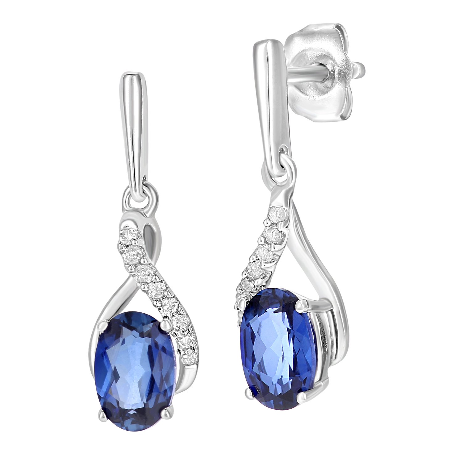9ct White Gold Women’s Earrings – Oval Tanzanite Diamond Twist Drop Studs - by Elegano