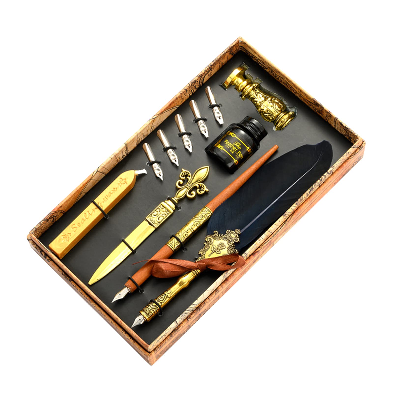 Joyeee Quill Pen Calligraphy Pen Set, Feather Dip Pen Set with Wood Dip Pen, 17 Different Size Nibs, Metal Sealing Wax Stamp and Dip Pen Holder, Wax Seal Sticks, Black Ink, Navy Blue