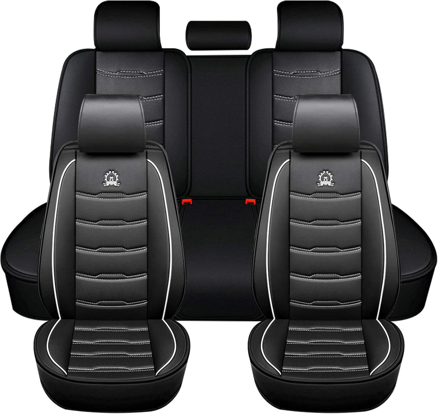 Amazon シートカバー エプロンタイプ レザー 汎用 フロント 軽普通車用 前席 運転席 助手席 オールシーズン 1席分 ブラック ホワイトステッチ スタンダード セット シートカバー 車 バイク