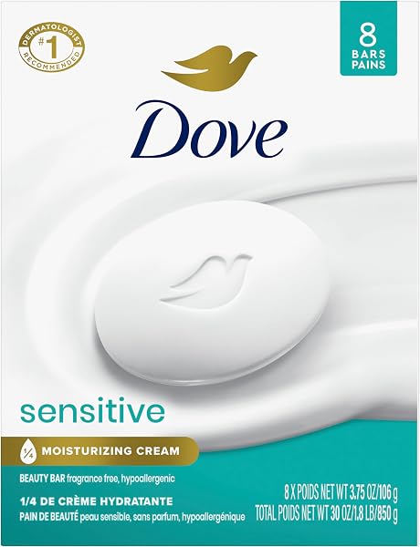 Dove Beauty Bar Soap Sensitive, 8 Bars for Sensitive Skin, Fragrance Free and Hypoallergenic 3.75 oz | Fragrance-free, hypoal