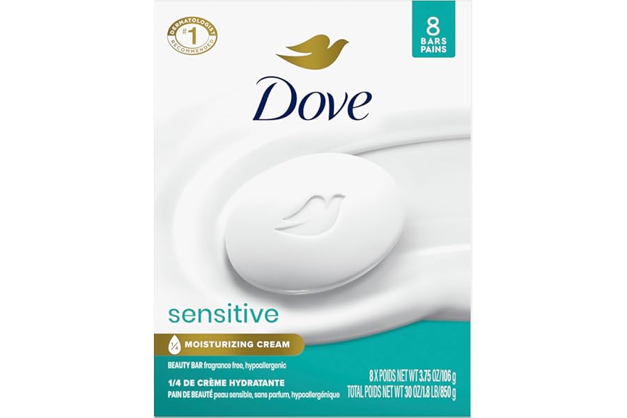 Dove Beauty Bar Soap Sensitive, 8 Bars for Sensitive Skin, Fragrance Free and Hypoallergenic 3.75 oz