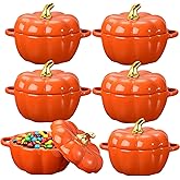 Yaomiao 6 Pcs Pumpkin Ceramic Bowl 15 oz Pumpkin Soup Bowl Pumpkin Shape Storage Jar with Lid and Handles for Home Halloween