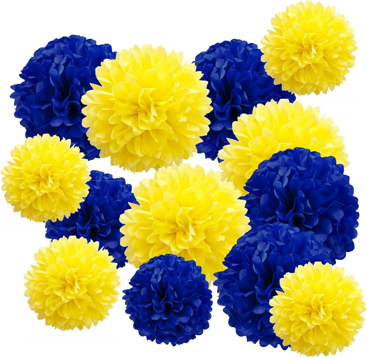 Blue Yellow Paper Pom Poms Decorations, 12", 10", Paper Flowers for Party Ceiling Hanging Decor - 12 Pcs