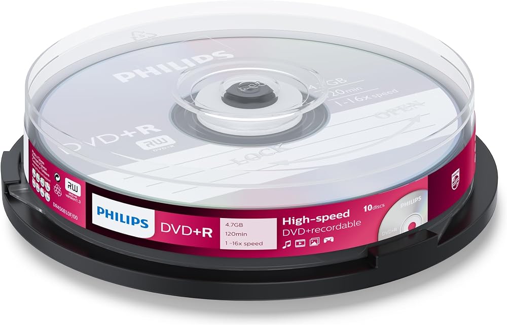Philips DVD+R 4.7GB 16x Blank Data Video 120 Min 10 Pack SPINDLE