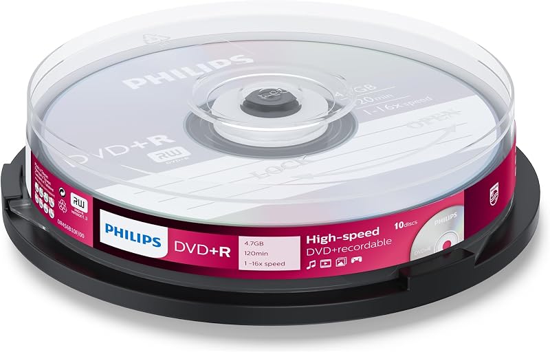 Philips DVD+R 4.7GB 16x Blank Data Video 120 Min 10 Pack SPINDLE